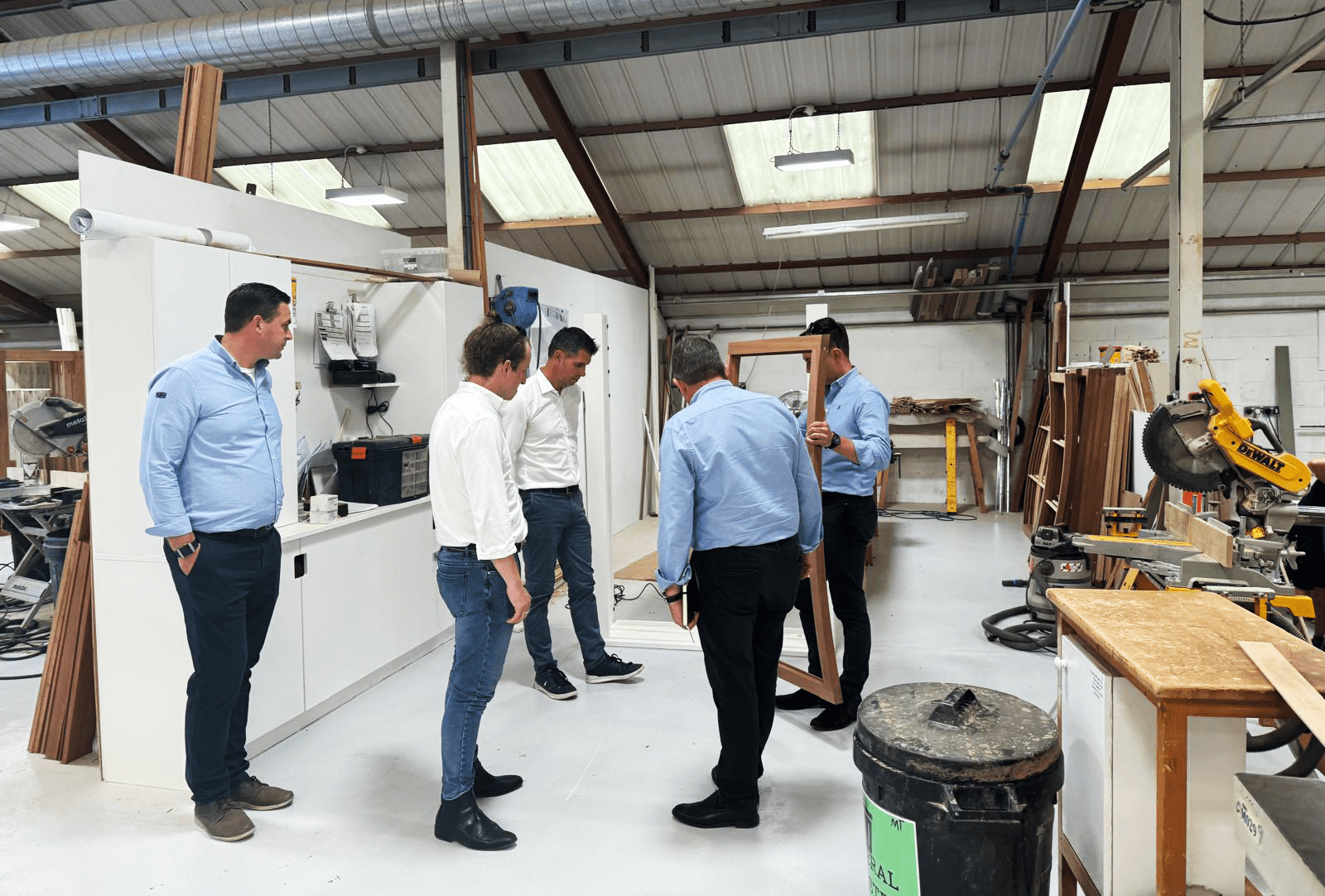 ACT team visiting SB Joinery workshop to strengthen subcontractor collaboration and review craftsmanship quality.